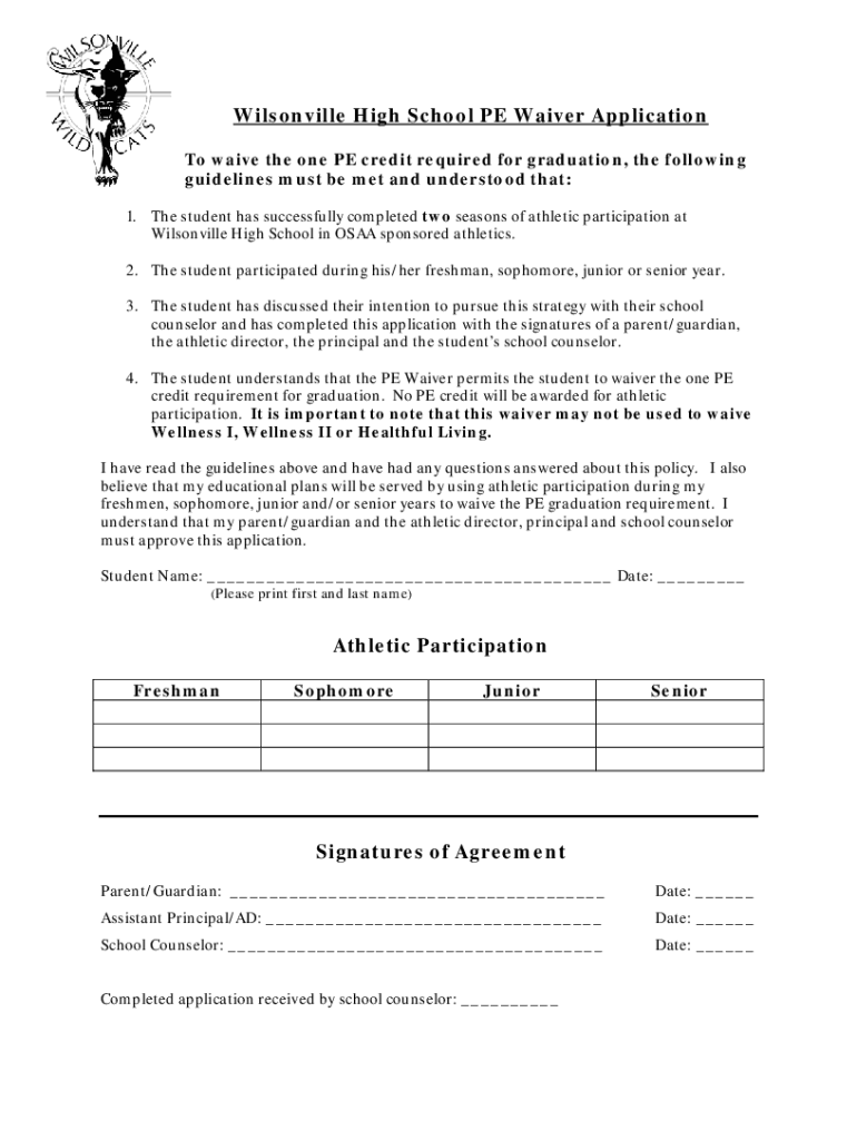 Fillable Online Wilsonville High School PE Waiver Application Fax Email