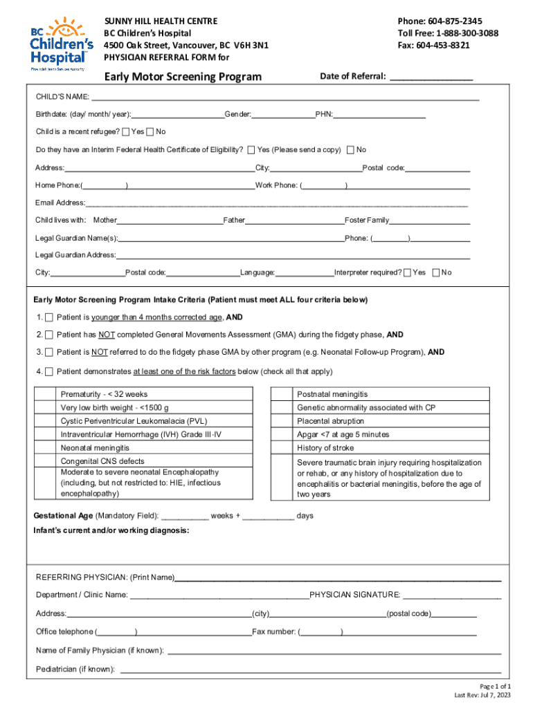 Fillable Online Sunny Hill Health Centre, at BC Children's Hospital ...