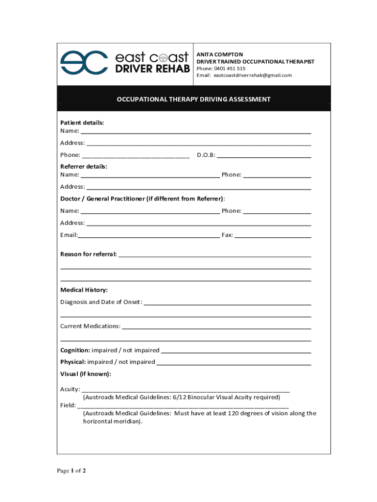 Fillable Online OCCUPATIONAL THERAPY DRIVING ASSESSMENT Fax Email Print