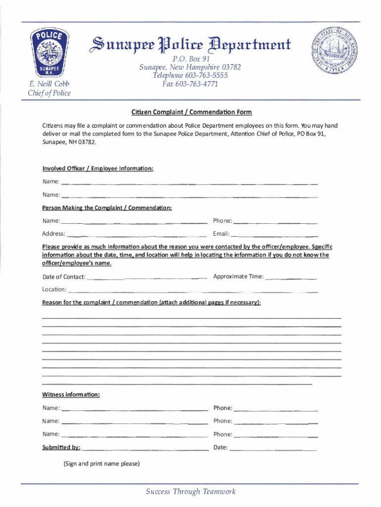 Fillable Online Chief E. Neill Cobb was... Sunapee Police Department