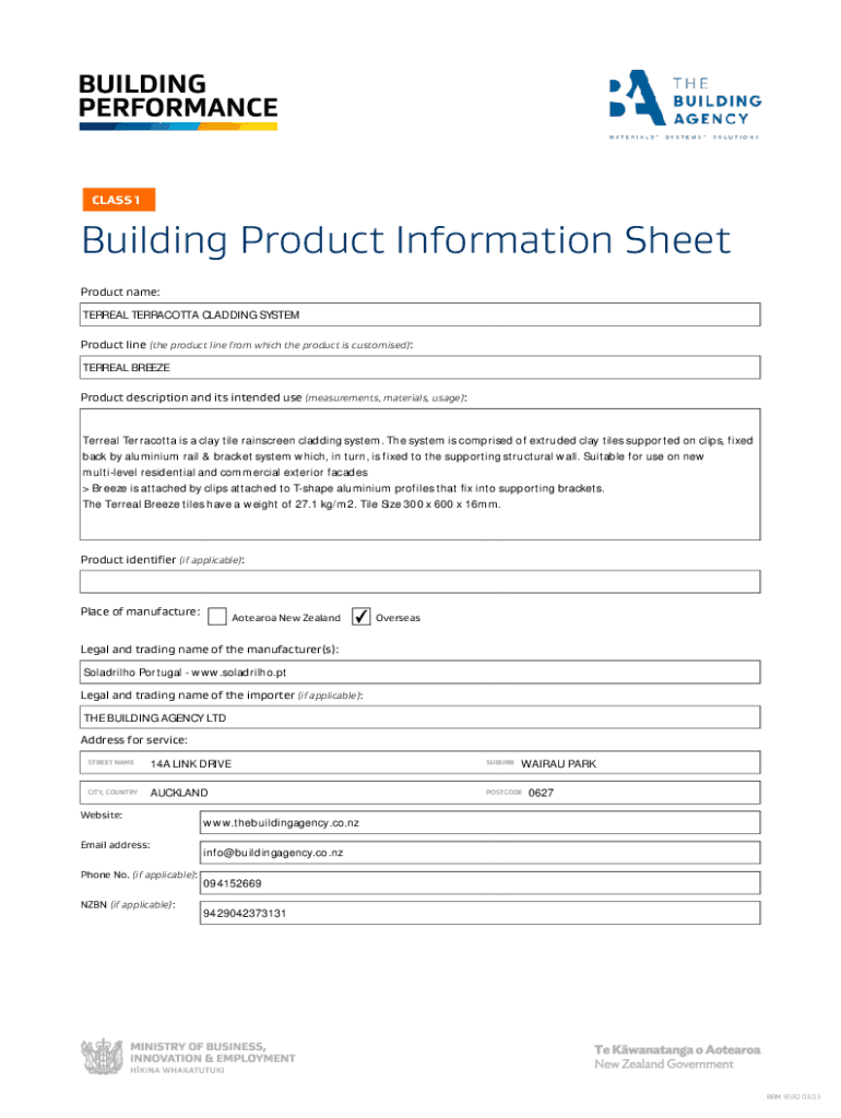 Fillable Online Class 1 Building Product Information Sheet ACMF Fax