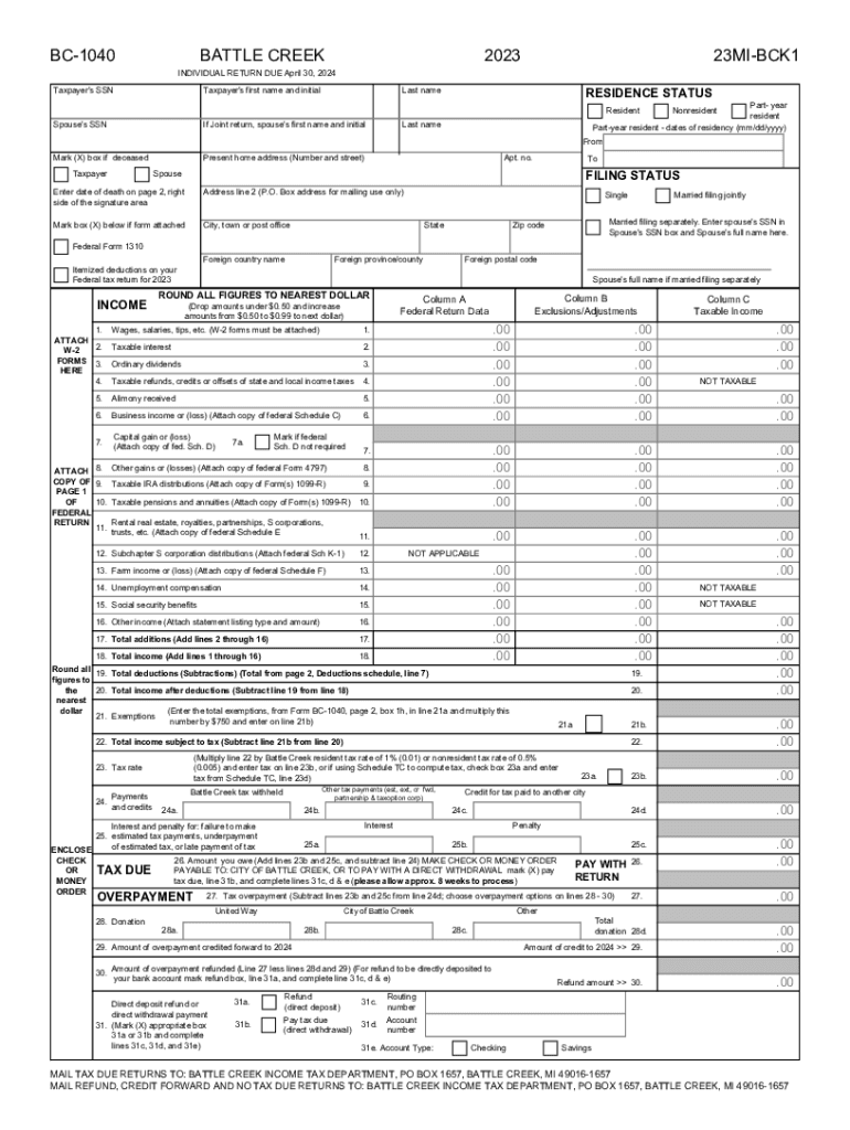 ALL PERSONS HAVING BATTLE CREEK TAXABLE INCOME IN 2023 MUST FILE A RETURN Preview on Page 1