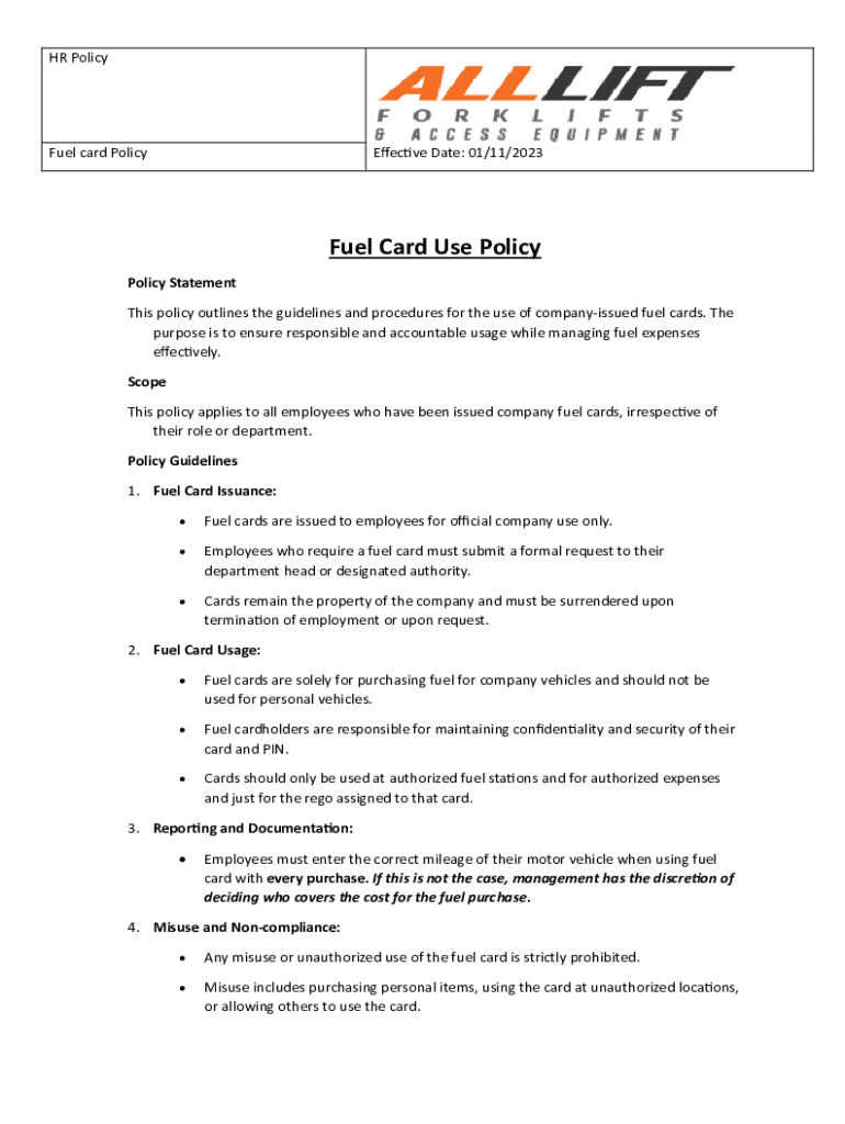 Fillable Online Fuel Card Use Policy HR Portal All Lift All Lift