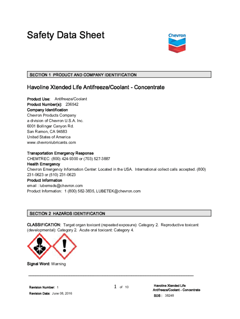 Fillable Online Havoline Xtended Life Antifreeze Concentrate MSDS