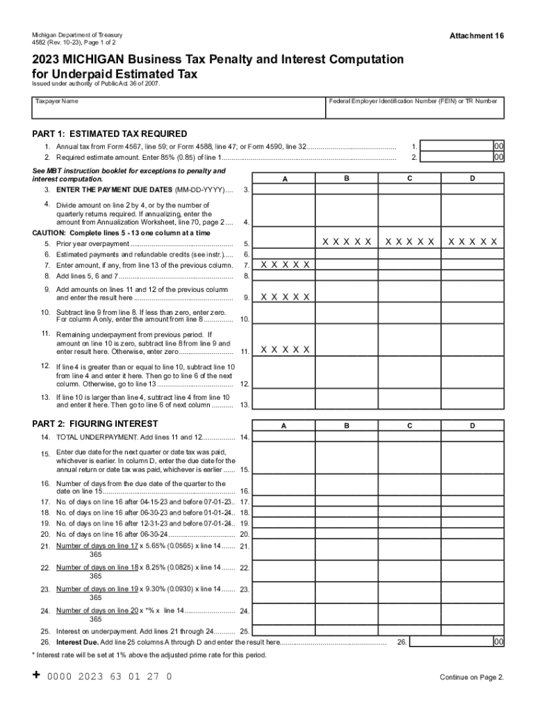 4582, 2023 Michigan Business Tax Penalty and Interest Computation for Underpaid Estimated Tax Preview on Page 1