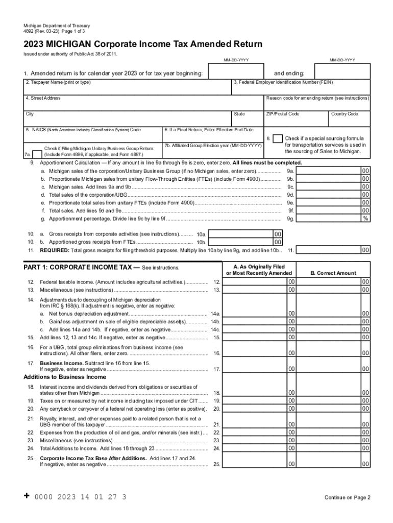 4892, 2023 Michigan Corporate Income Tax Amended Return 4892, 2023 Michigan Corporate Income Tax Ame Preview on Page 1