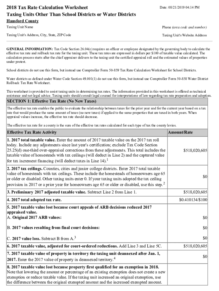 Fillable Online 2018 Tax Rate Calculation Worksheet Hansford County