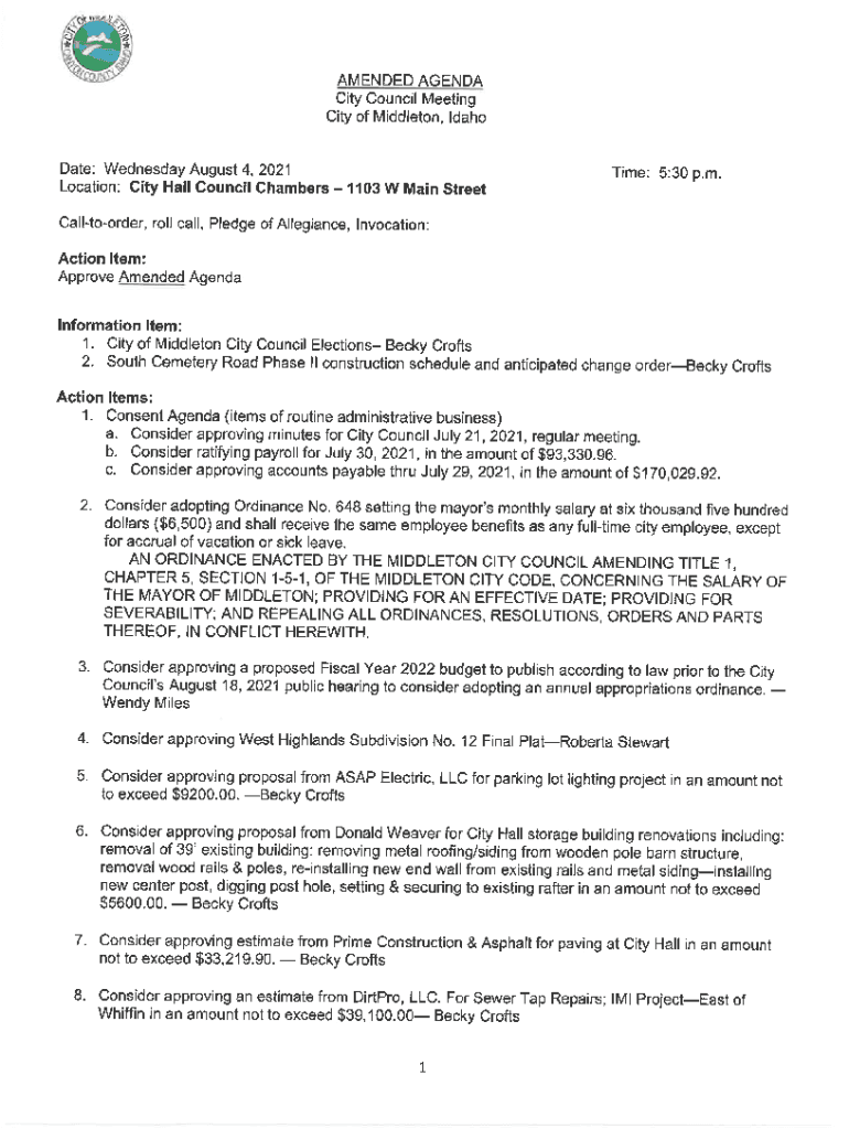 Fillable Online City of Middleton, 1103 W Main St, Middleton, ID