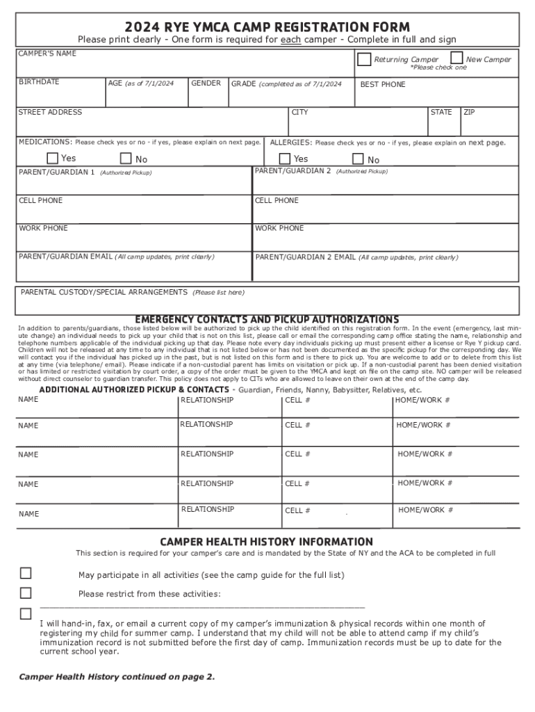 Fillable Online 2024 RYE YMCA CAMP REGISTRATION FORM Fax Email Print
