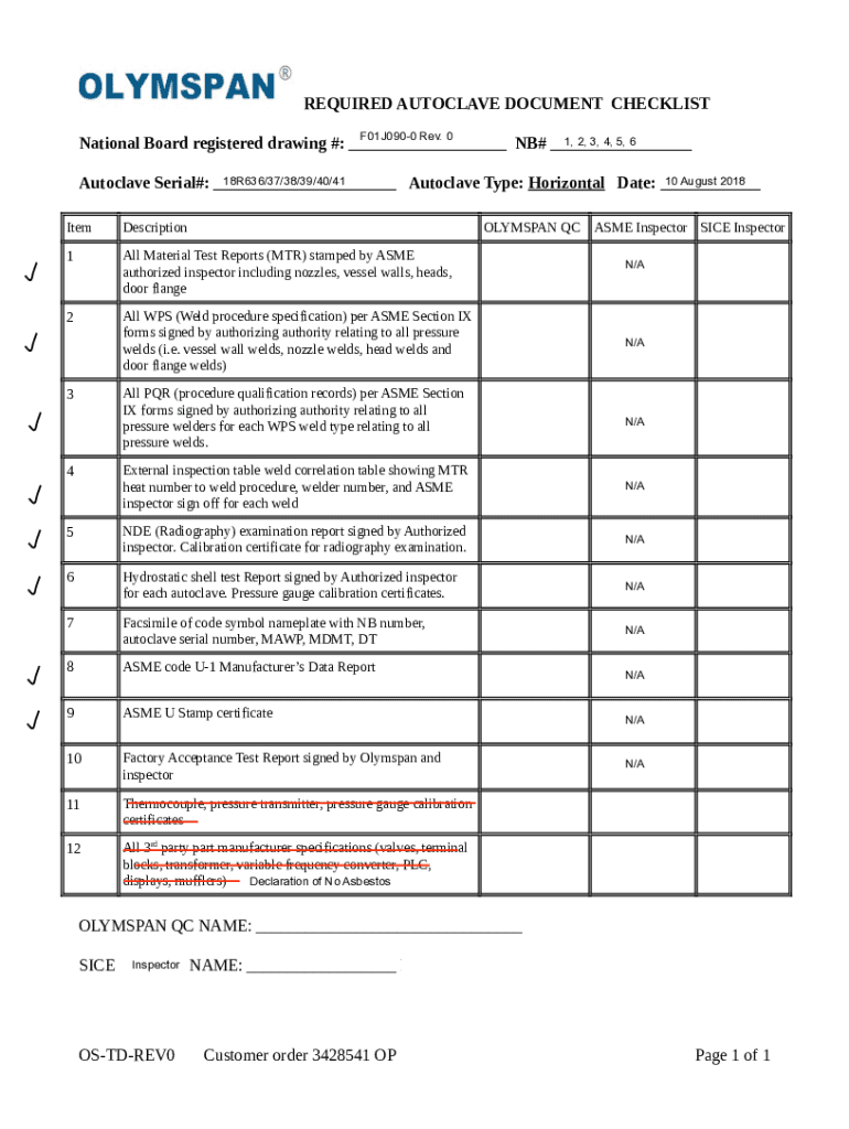 Fillable Online REQUIRED AUTOCLAVE DOCUMENT CHECKLIST Fax Email Print