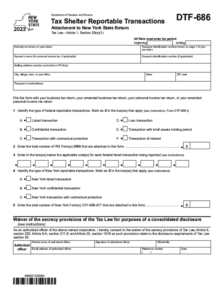 Form DTF-686 Tax Shelter Reportable Transactions Attachement to New York State Return Tax Year 2023 Preview on Page 1