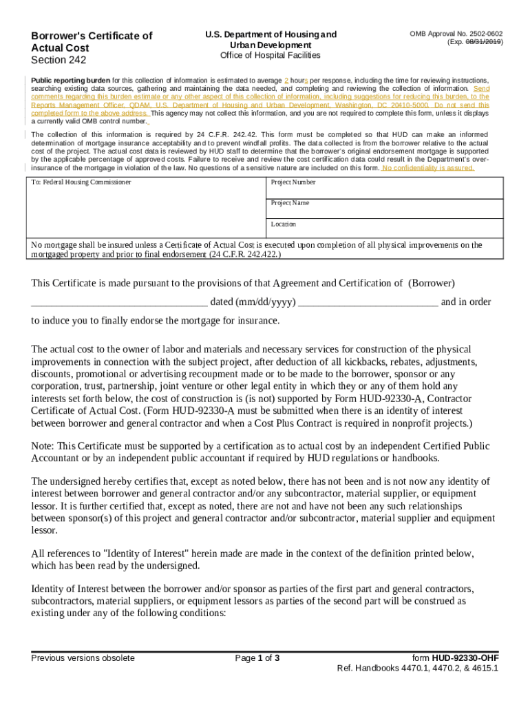 Borrower's Certificate of Known Costs (Section 242/223f) HUD Doc