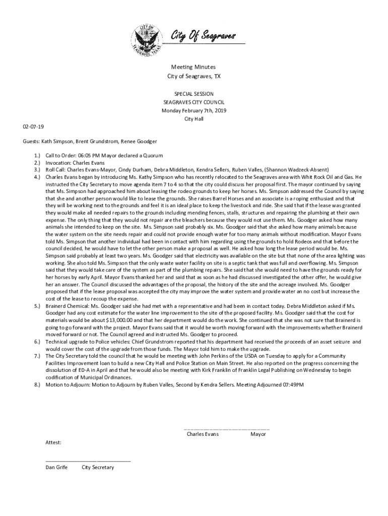 Fillable Online SEAGRAVES CITY COUNCIL Fax Email Print pdfFiller