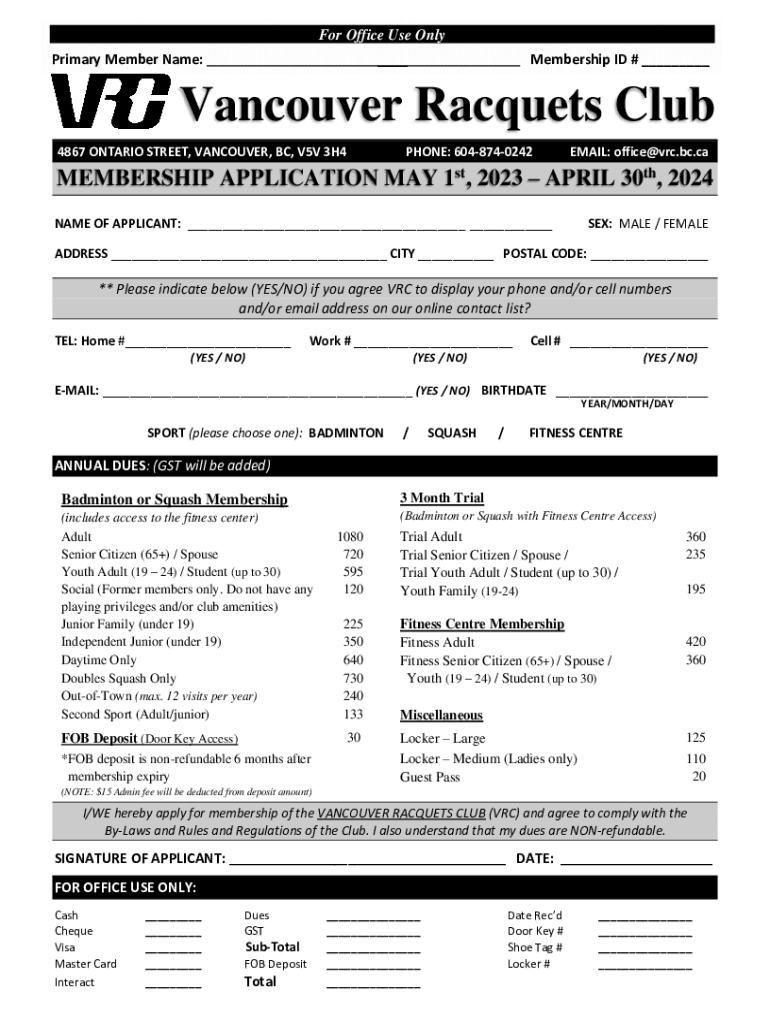 Fillable Online vrc bc Vancouver Racquet and Fitness Club, Badminton