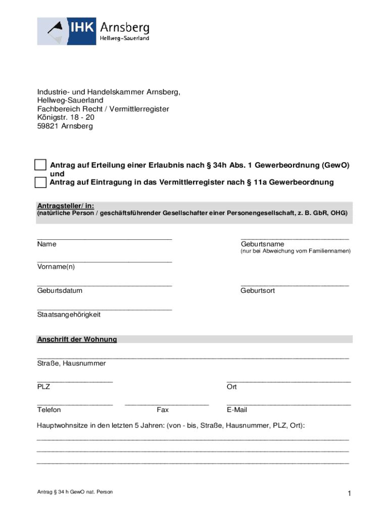 Ausfüllbar Online Antrag auf Umstellung der Erlaubnis von34f auf34h ...