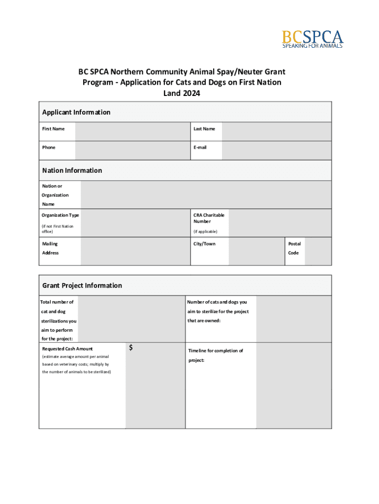 Fillable Online spca bc bc spca community animal spay/neuter grant