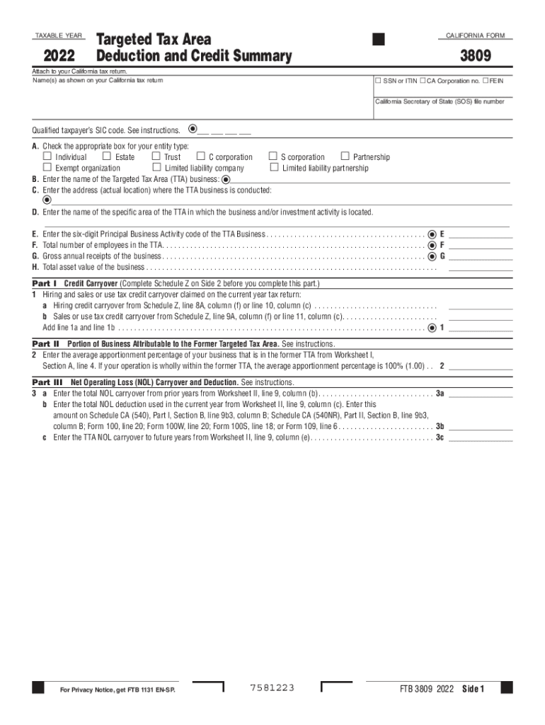 2022 California Form 3809 Targeted Tax Area Deduction and Credit Summary Preview on Page 1