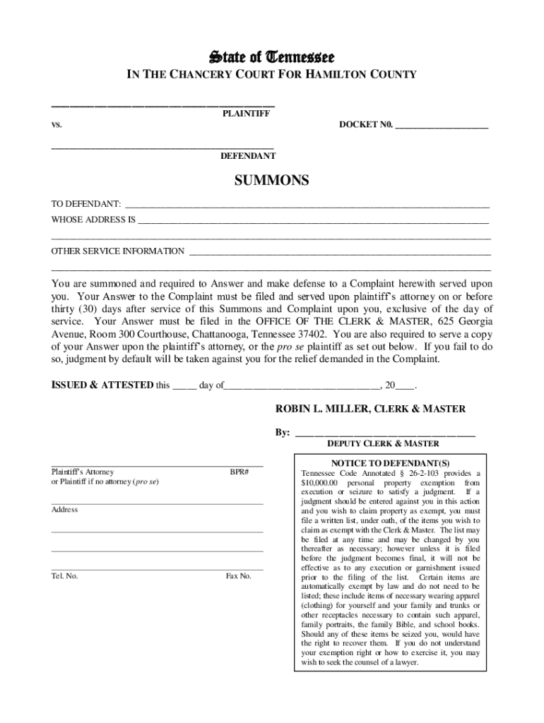 Tennessee county chancery summons: Fill out sign online DocHub