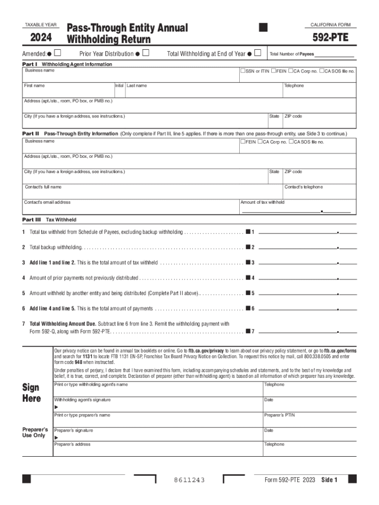 Fillable Online 2024 Form 592PTE PassThrough Entity Annual