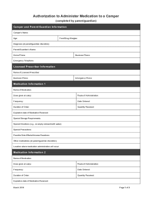 430-Parent Authorization to Administer Medications to a Camper 3-30-18