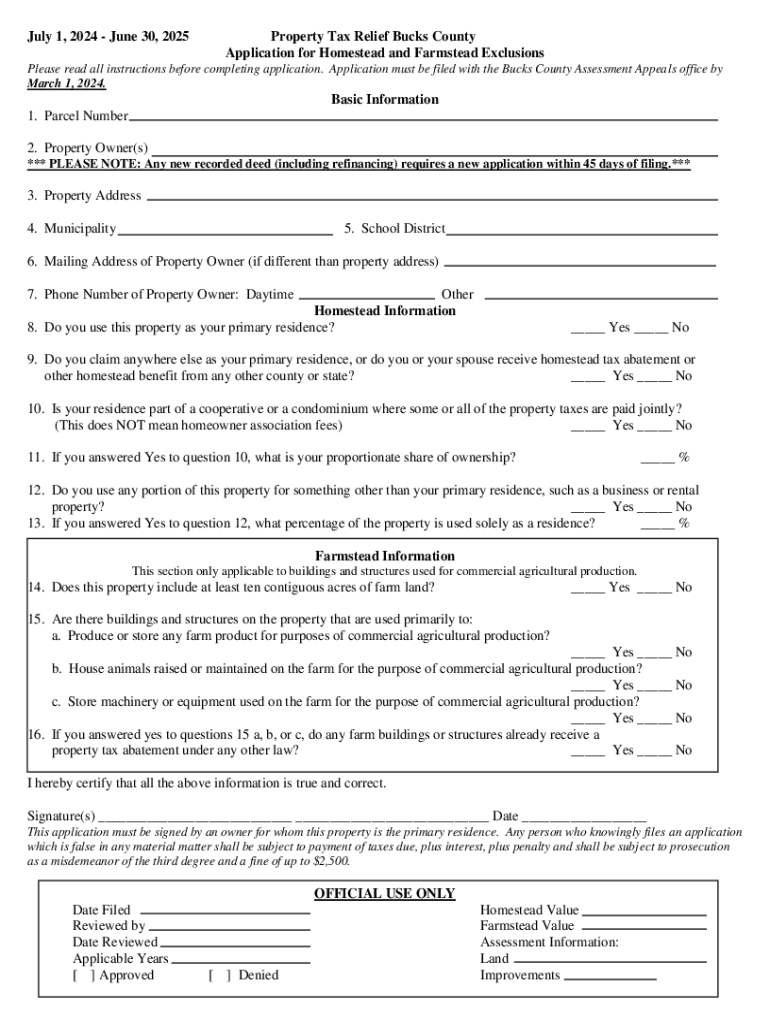 Fillable Online July 1, 2024 June 30, 2025 Property Tax Relief Bucks