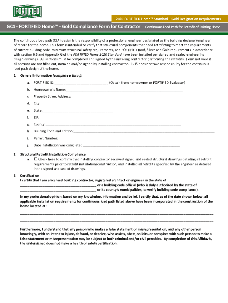 Fillable Online 2020 FORTIFIED Home Standard Gold Designation