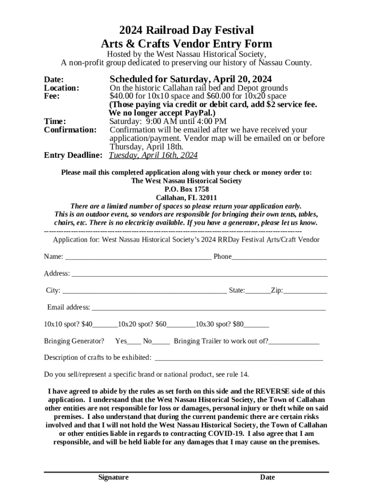 2024 Railroad Day Festival Arts & Crafts Vendor Entry Doc Template
