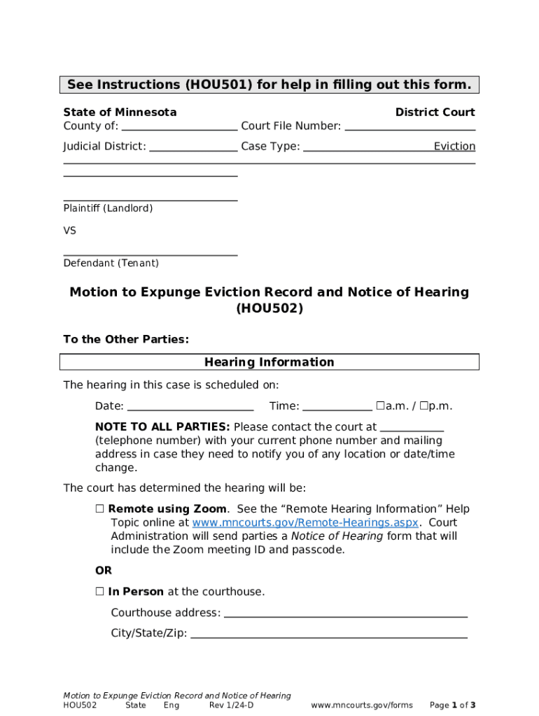 Motion to Expunge Eviction Record and Notice of Hearing Doc Template