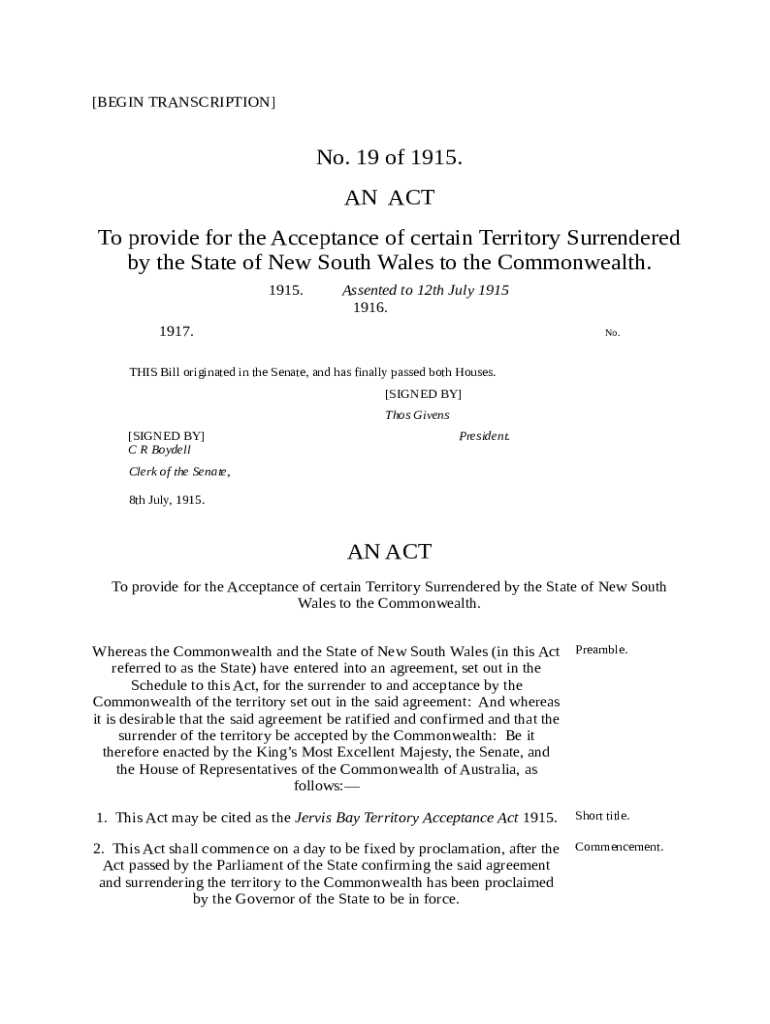 Jervis Bay Territory Acceptance Act 1915 (Cth) - Transcript Doc ...
