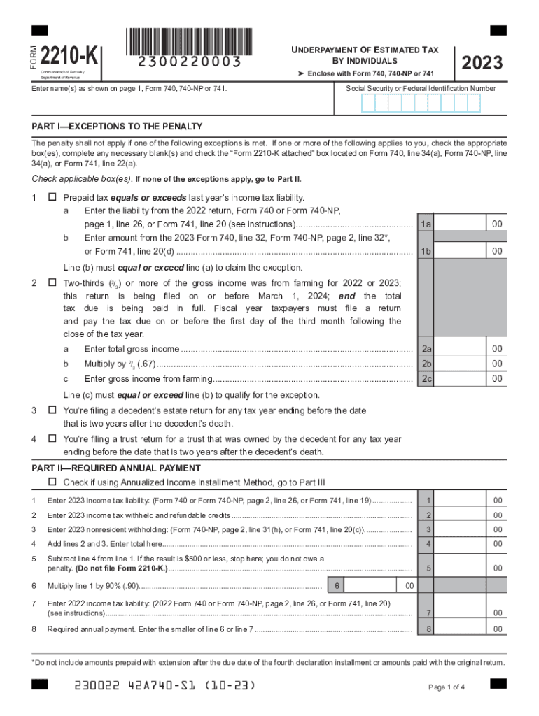 KY Form 2210-K 2022-2023 - Fill and Sign Printable Template Preview on Page 1