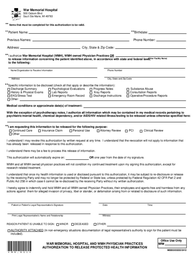 Fillable Online Address: City, State & Zip Code: War Memorial Hospita ...