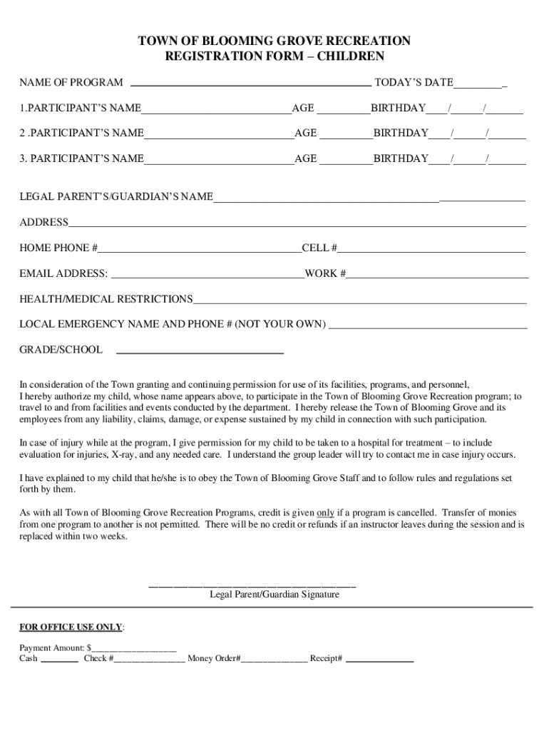 Fillable Online Town of Blooming Grove Recreation 1 Fax Email Print