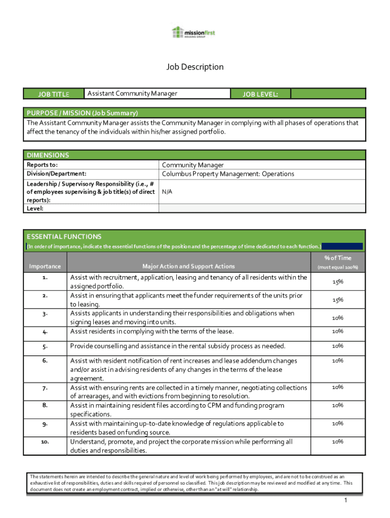 Fillable Online Assistant Community Manager Job Description Sample 