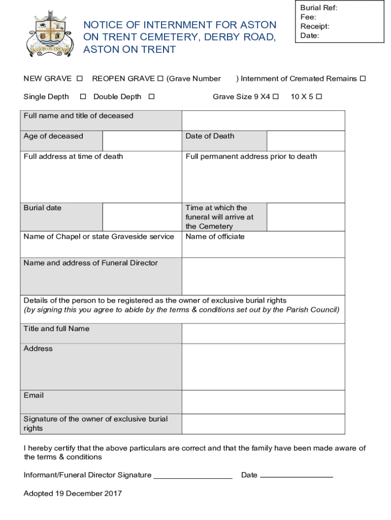 Fillable Online notice of internment for aston on trent cemetery, derby