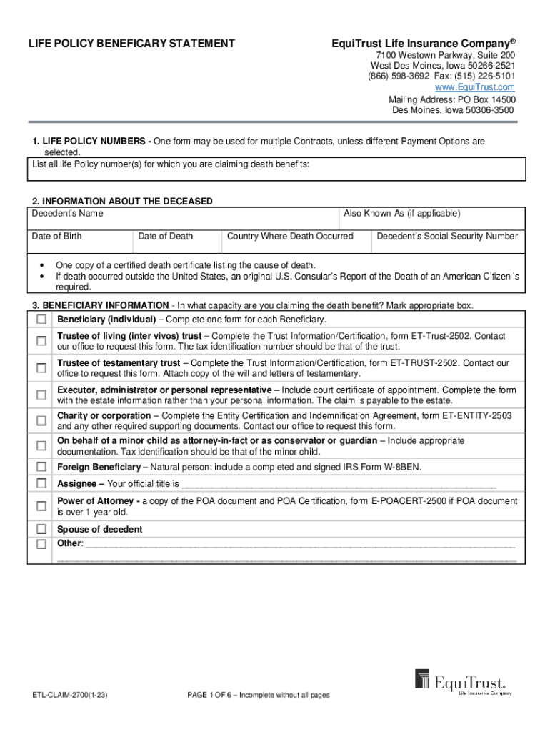 Life Insurance Claimant Statement - Generic Preview on Page 1