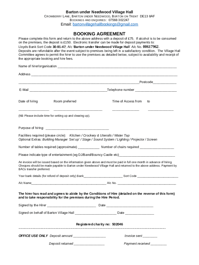 Barton under Needwood Village Hall Doc Template pdfFiller