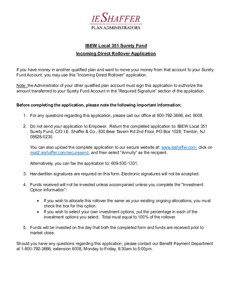 Fillable online ibew local 351 surety fund incoming direct rollover