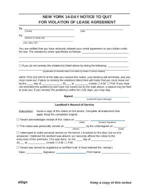 New York 14-Day Notice to Quit (Violation of Lease)
