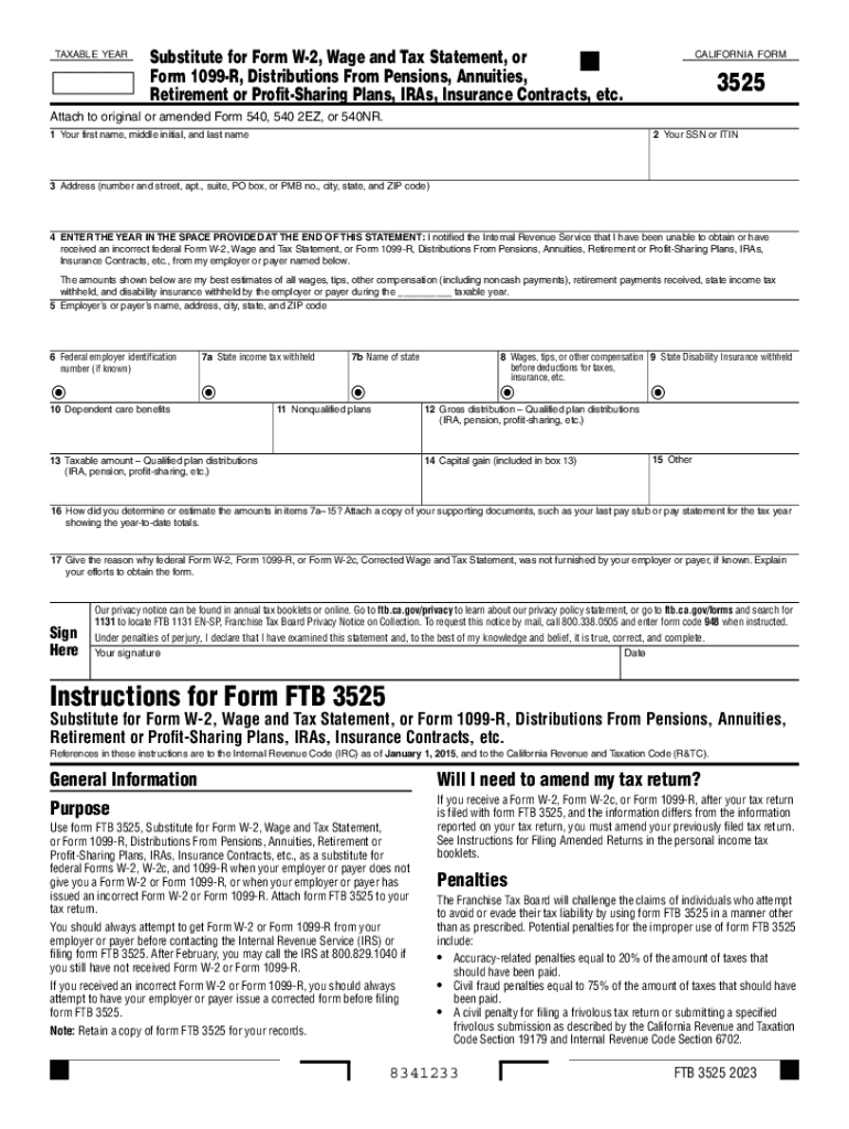 2023 California Form 3525 Substitute for Form W-2, Wage and Tax Statement, or Form 1099-R, Distribut Preview on Page 1