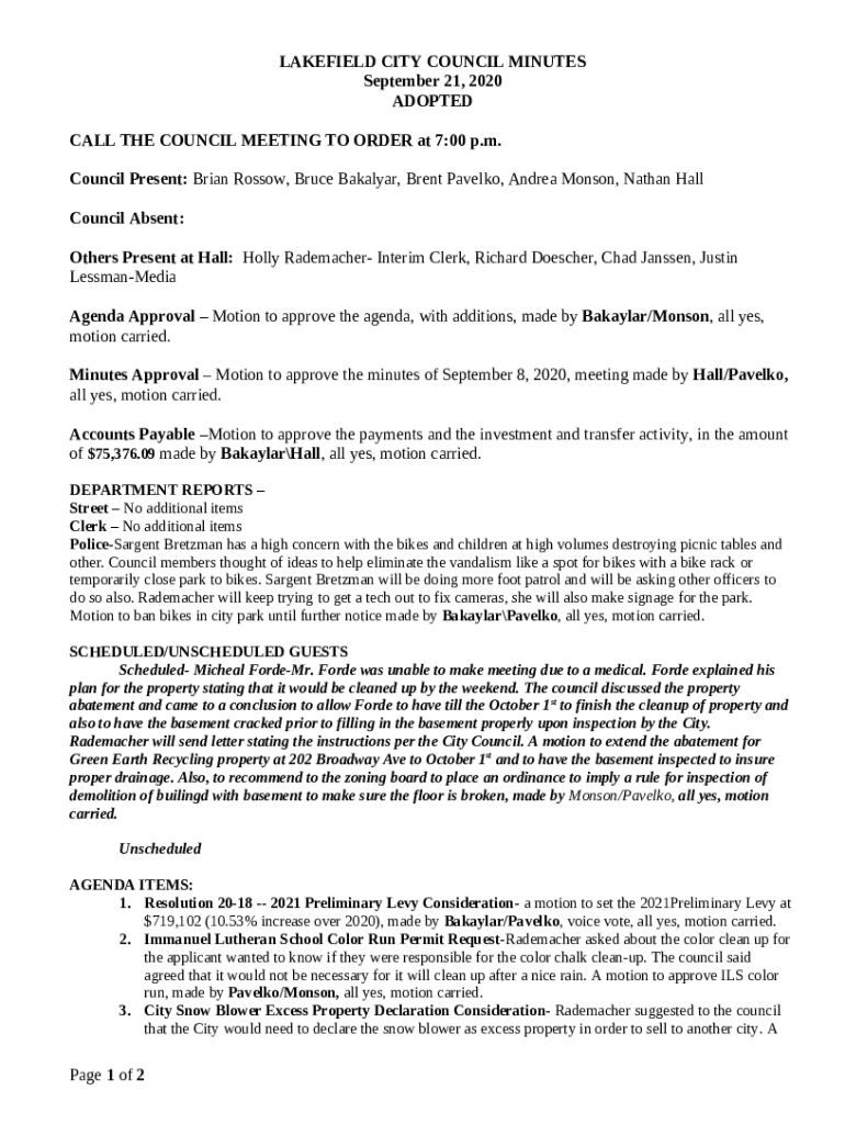 Lakefield City Council July 22 PacketPDF Doc Template pdfFiller