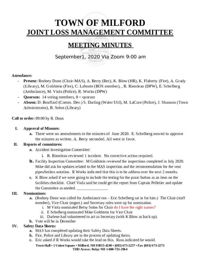 TOWN OF MILFORD JOINT LOSS MANAGEMENT Doc Template pdfFiller