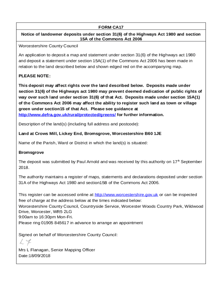 Notice of landowner deposits under section 31(6) of the Highways Act