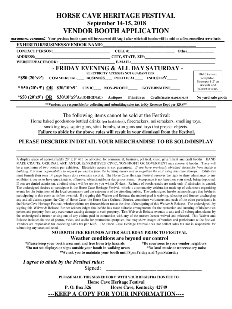 Fillable Online Horse Cave Heritage Festival "Heart to Hart" Fax