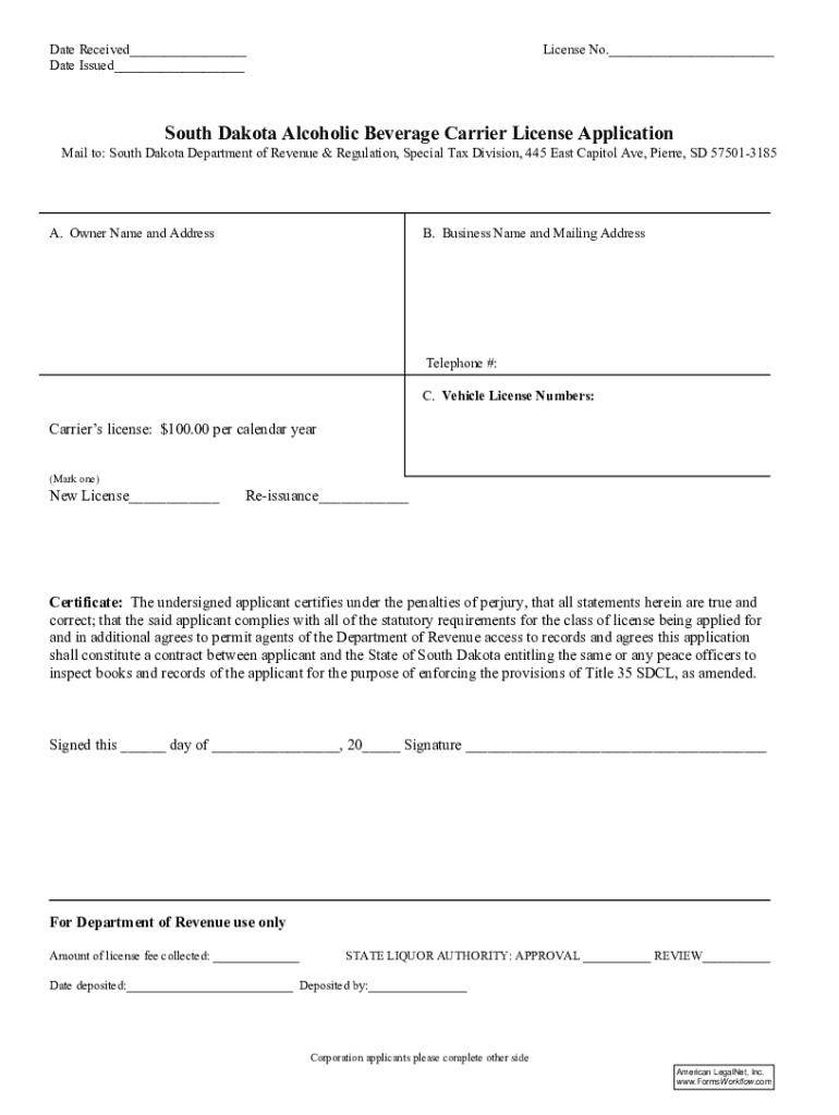 Fillable Online South Dakota Alcoholic Beverage Carrier License