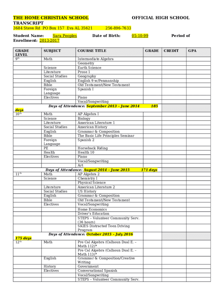 Official High School Transcript, Exam Credit & Test Scores Doc Template ...
