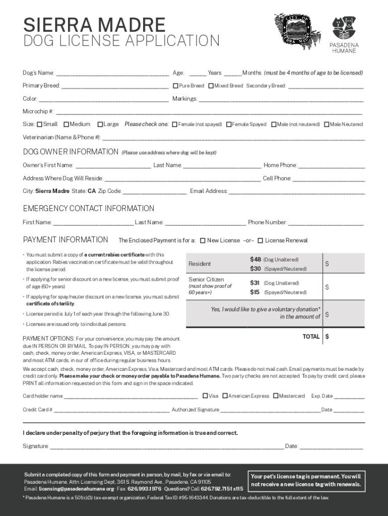 Fillable Online Sierra Madre Pet License Form Fax Email Print - pdfFiller