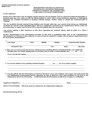 Virginia Adult Facility Employee Sworn Statement