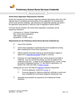 Preliminary School Nurse Services Credential Application