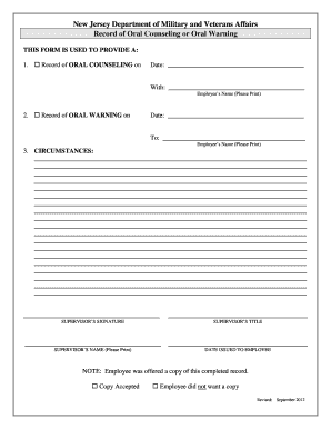 New Jersey Oral Counseling or Warning Form