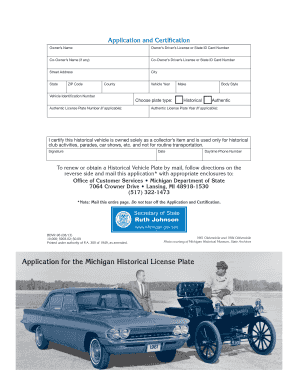 Michigan Historical Vehicle License Plate Application